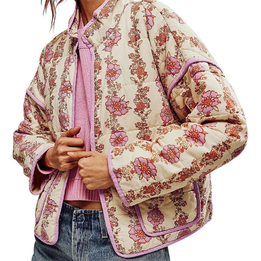 NWOT Women Floral Quilted Puffer Jacket Cropped Lightweight Patchwork Vintage - Picture 4 of 9